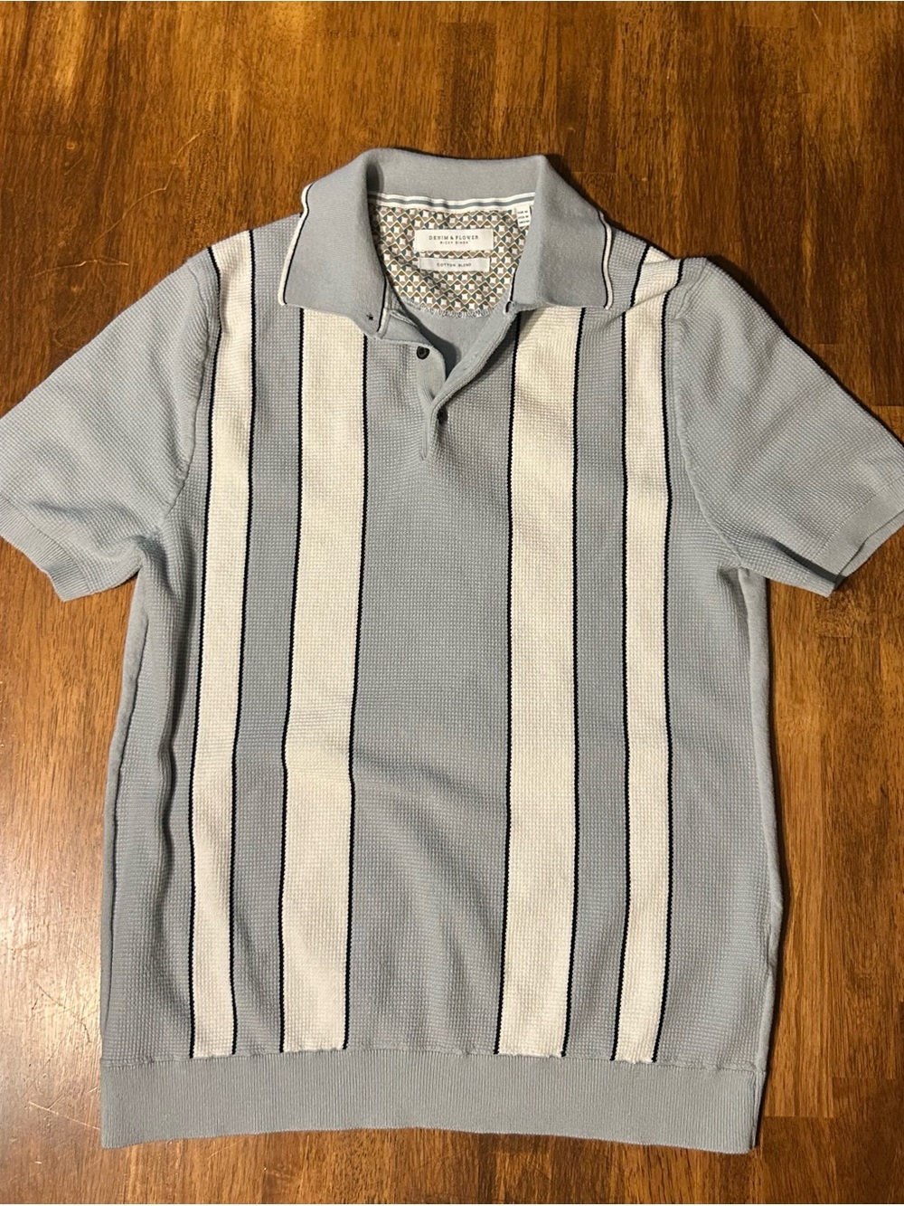 Denim & Flower Men’s Light Blue Polo with Ivory Vertical Panels